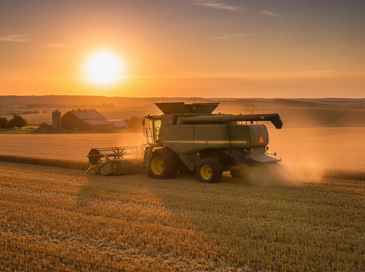 Combine harvester working a golden wheat field at harvest on a family farm