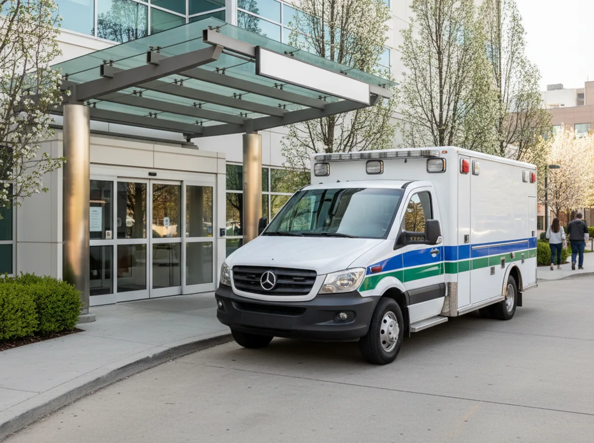Ambulance parked at a hospital emergency entrance, representing EMS transport billing recovery