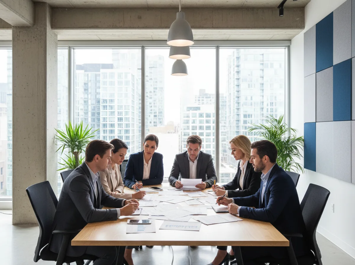 Business professionals reviewing unpaid commercial invoices in a B2B office
