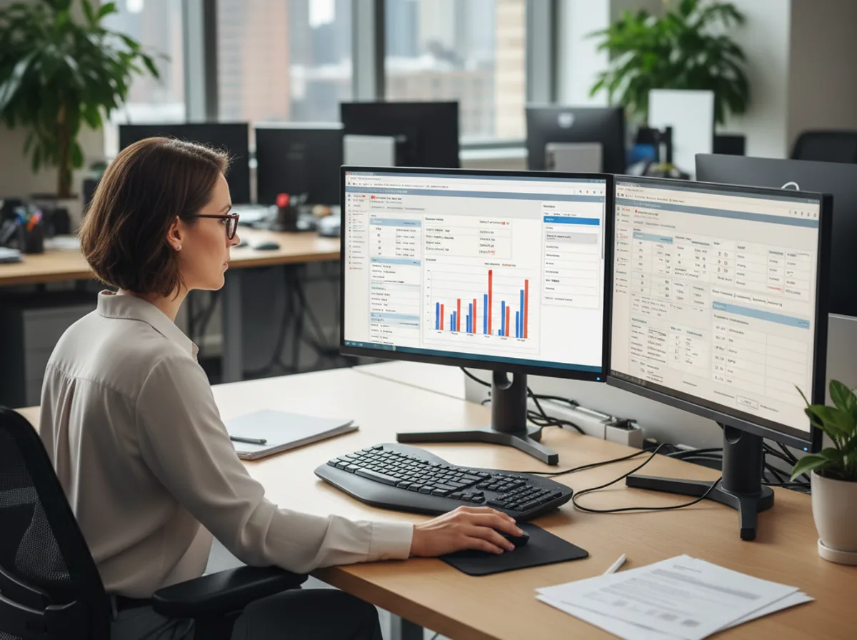 Medical billing specialist working in healthcare billing software on dual monitors