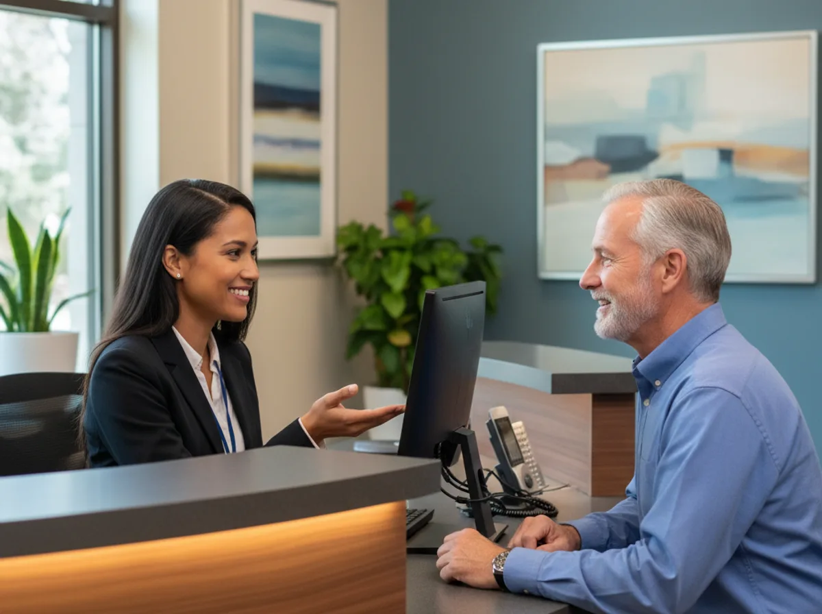 Hospital patient financial services representative helping a patient at a billing desk