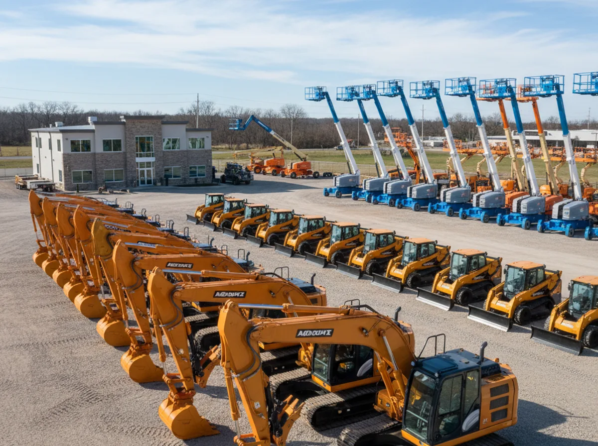 Equipment rental yard with excavators, skid steers, and aerial lifts ready for construction hire