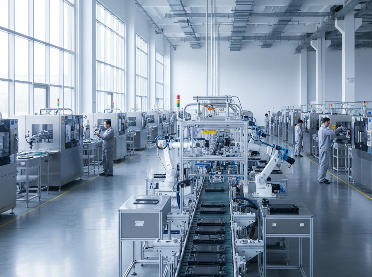 Modern manufacturing factory floor with industrial machinery and assembly line
